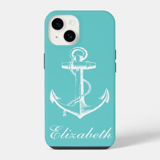 Coque Pour iPhone 14 Monogramme d'Ancre Vintage Turquoise (Verso)