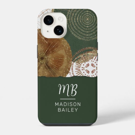 Coque Pour iPhone 14 Monogramme de cercles dorés bronze vert abstrait (Verso)