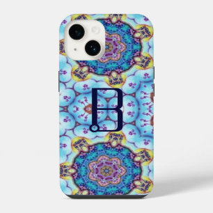 COQUE POUR iPhone 14 MONOGRAMME DE CERCLES EN FRACTAL BLEU ROSE