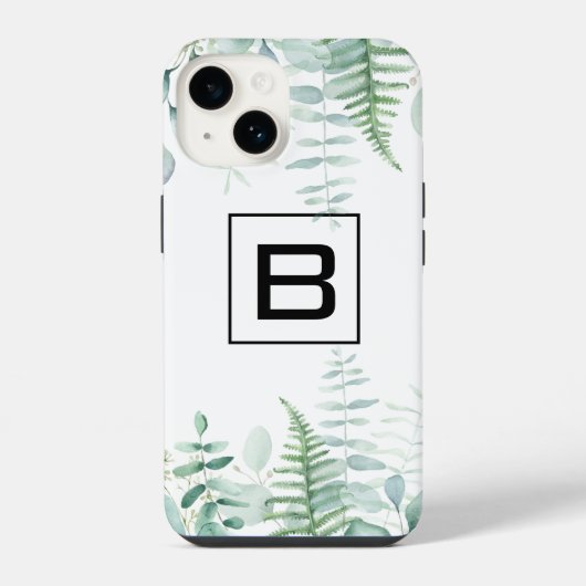 Coque Pour iPhone 14 Monogramme de fougères de forêt de feuillus d'euca (Verso)