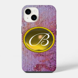 Coque Pour iPhone 14 MONOGRAMME DE GEMME ABSTRAITE violet jaune