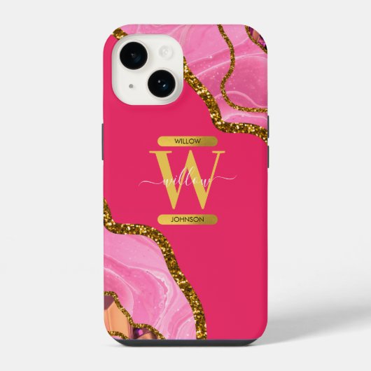 Coque Pour iPhone 14 Monogramme de géode rose et or (Verso)