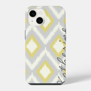 Coque Pour iPhone 14 Monogramme de Ikat Chevron de la tribu gris et jau