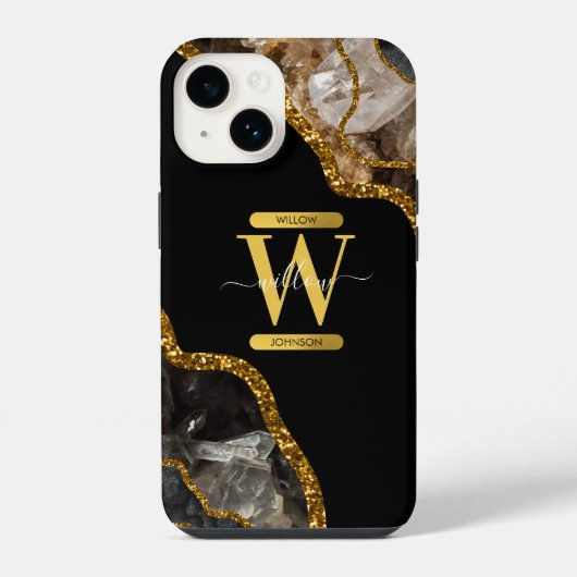Coque Pour iPhone 14 Monogramme de la géode d'âge noir et or (Verso)