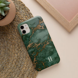 Coque Pour iPhone 14 Monogramme de marbre vert et cuivre de la forêt
