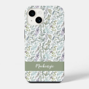Coque Pour iPhone 14 Monogramme de nom aquarelle botanique bleu vert