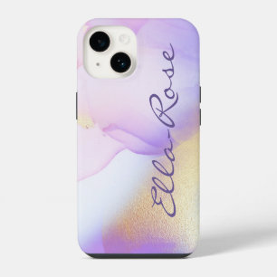 Coque Pour iPhone 14 Monogramme de nom personnalisé aquarelle violette 