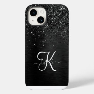 Coque Pour iPhone 14 Monogramme d'étincelle à Parties scintillant noire