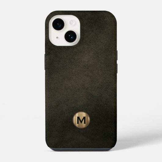 Coque Pour iPhone 14 Monogramme d'or brossé noir moderne (Verso)