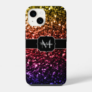 Coque Pour iPhone 14 Monogramme faux scintillements arc-en-ciel jaune r
