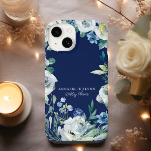 Coque Pour iPhone 14 Monogramme floral blanc bleu marine chic