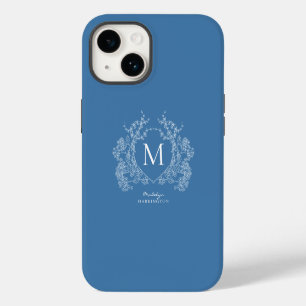 Coque Pour iPhone 14 Monogramme Floral Bleu Moderne
