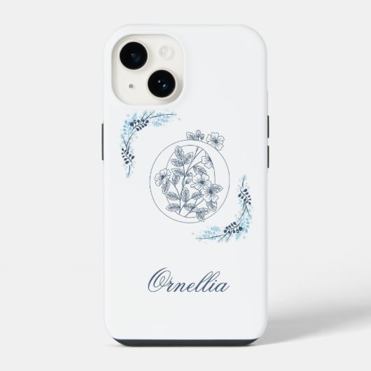 Coque Pour iPhone 14 Monogramme floral bleu "O" initial Calme (Verso)