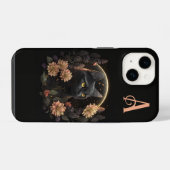 Coque Pour iPhone 14 Monogramme floral céleste de chat noir (Verso Horizontal)