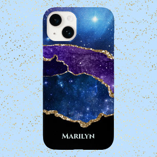 Coque Pour iPhone 14 Monogramme Galaxie Étoilée Noir Violet Bleu