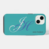 Coque Pour iPhone 14 Monogramme initial nom bleu simple uni (Verso Horizontal)