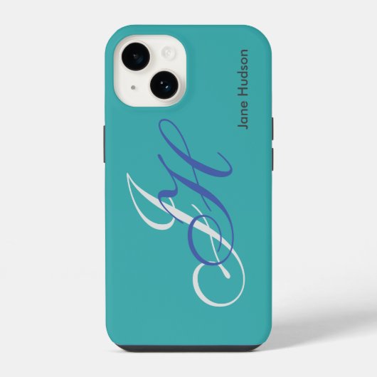 Coque Pour iPhone 14 Monogramme initial nom bleu simple uni (Verso)