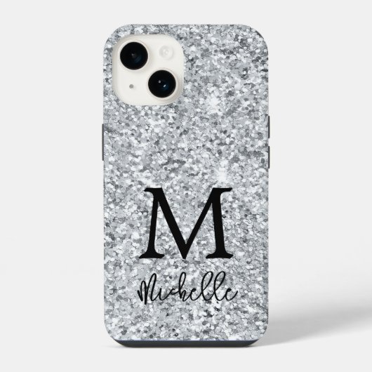 Coque Pour iPhone 14 Monogramme Initial Nom Paillettes Argent Tendance (Verso)