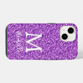 Coque Pour iPhone 14 Monogramme initial nom paillettes violet tendance (Verso Horizontal)