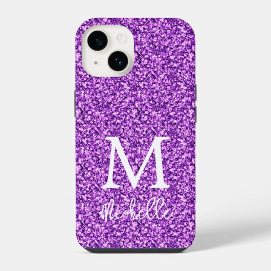 Coque Pour iPhone 14 Monogramme initial nom paillettes violet tendance (Verso)