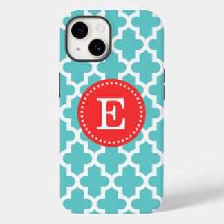 Coque Pour iPhone 14 Monogramme marocain Turquoise et rouge moderne