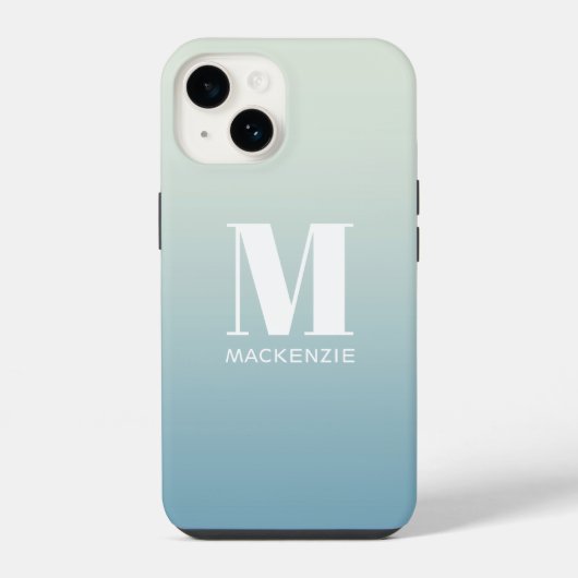 Coque Pour iPhone 14 Monogramme moderne Nom initial Turquoise Aqua Grad (Verso)