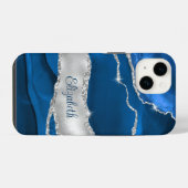 Coque Pour iPhone 14 Monogramme moderne Royal Blue et Silver Agate (Verso Horizontal)