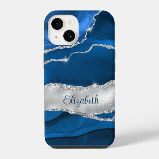 Coque Pour iPhone 14 Monogramme moderne Royal Blue et Silver Agate (Verso)