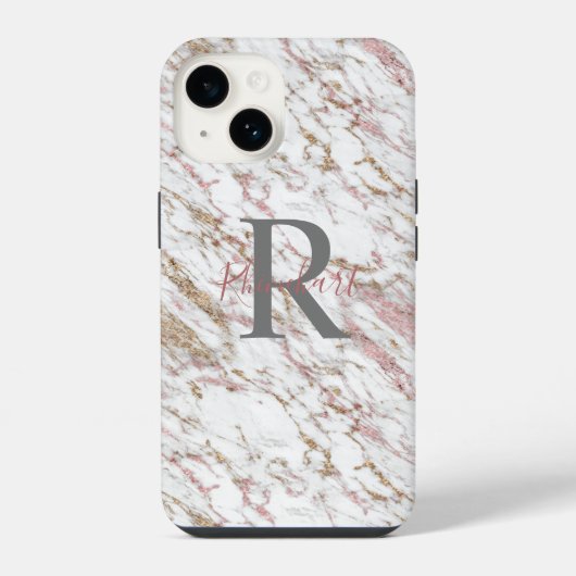 Coque Pour iPhone 14 Monogramme Nom Initiale Blanc Gris Or Rose Marbre (Verso)