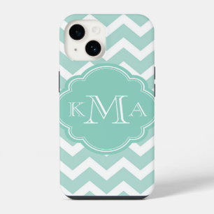 Coque Pour iPhone 14 Monogramme personnalisé Mint et Aqua Chevron