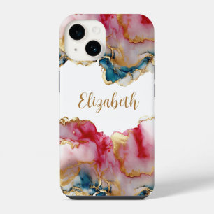 Coque Pour iPhone 14 Monogramme Rose Bleu Or Lavis Aquarelle Abstrait