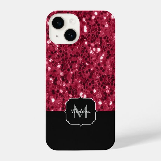 Coque Pour iPhone 14 Monogramme rose foncé magenta faux scintillants (Verso)