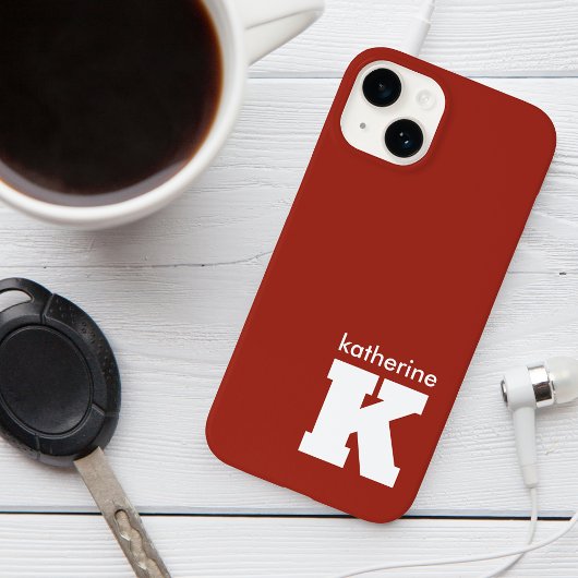 Coque Pour iPhone 14 Monogramme rouge rubis moderne Nom initial