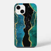 Coque Pour iPhone 14 Monogramme scintillant Agate sarcelle à bordure do (Verso)