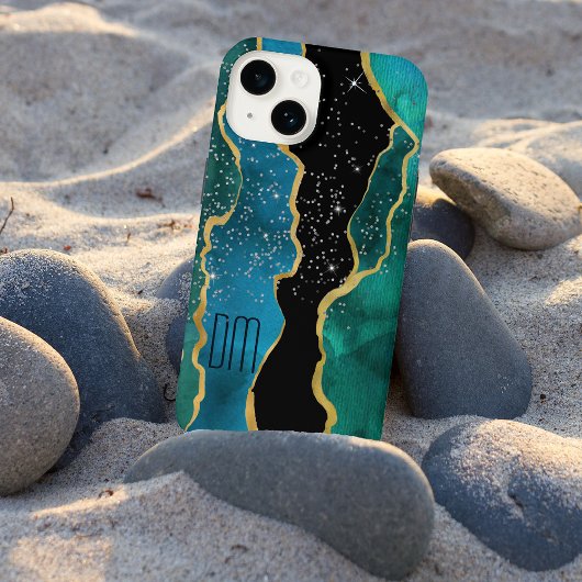 Coque Pour iPhone 14 Monogramme scintillant Agate sarcelle à bordure do