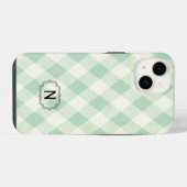 Coque Pour iPhone 14 Monogramme simple encadré sur gingham vert et blan (Verso Horizontal)