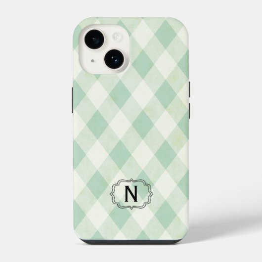 Coque Pour iPhone 14 Monogramme simple encadré sur gingham vert et blan (Verso)