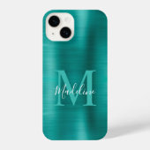 Coque Pour iPhone 14 Monogramme Turquoise métallique brossé de glam Élé (Verso)