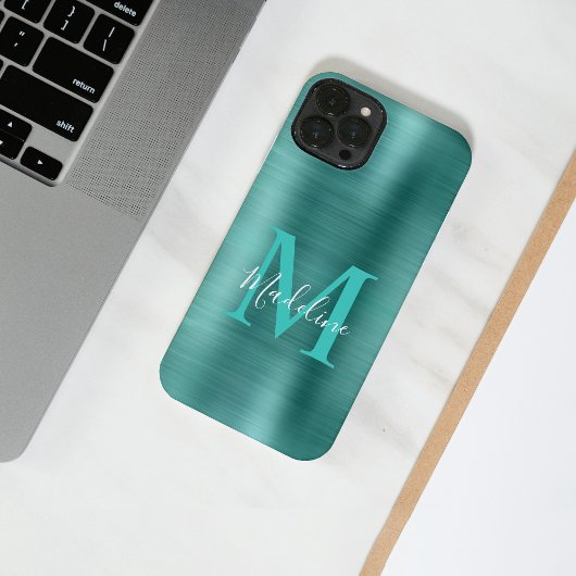 Coque Pour iPhone 14 Monogramme Turquoise métallique brossé de glam Élé