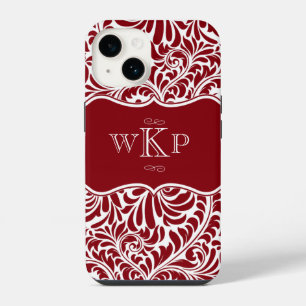 Coque Pour iPhone 14 Monogrammes personnalisés Cranberry Damask Pattern