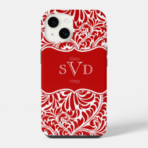 Coque Pour iPhone 14 Monogrammes Red Damask Design Coque-Mate personnal