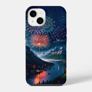Coque Pour iPhone 14 Montagne crépusculaire avec feux d'artifice