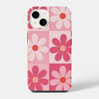 Coque Pour iPhone 14 Motif à carreaux de marguerite rose rétro