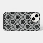 Coque Pour iPhone 14 Motif Damassé Rococo Noir sur Gris (Verso Horizontal)