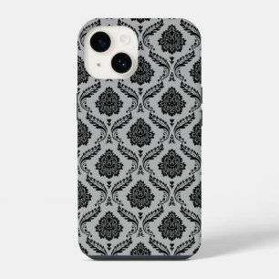 Coque Pour iPhone 14 Motif Damassé Rococo Noir sur Gris