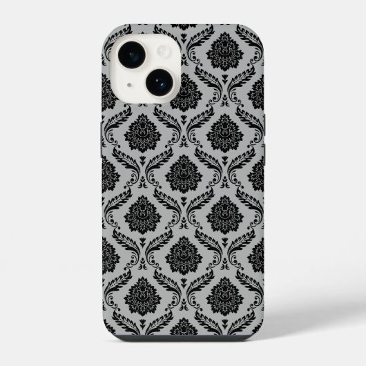 Coque Pour iPhone 14 Motif Damassé Rococo Noir sur Gris (Verso)