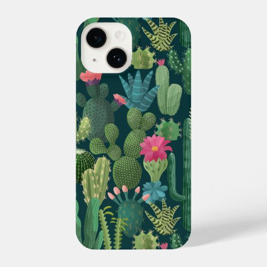 Coque Pour iPhone 14 Motif de cactus Turquoises verts en fleurs (Verso)
