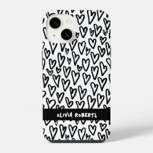 Coque Pour iPhone 14 Motif de Coeurs noir et blanc élégant Personnalise