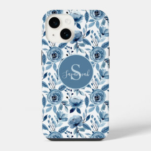 Coque Pour iPhone 14 Motif de fleur d'aquarelle bleue avec monogramme