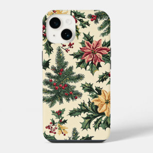Coque Pour iPhone 14 Motif de Noël de houx poinsettia rouge crème